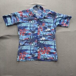 Vintage Campus Shirt Mens Medium Blue Palm Tree Hawaiian Tropical Made In USA
